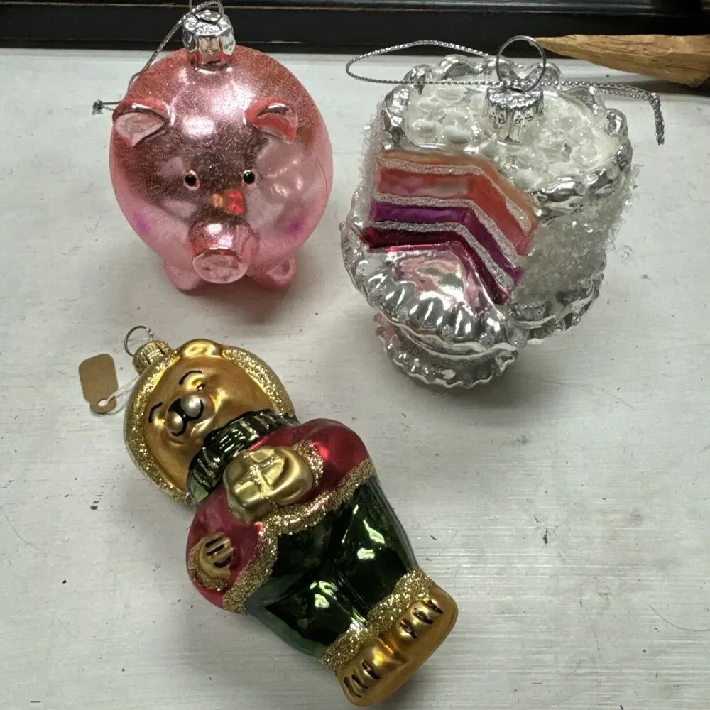 Lot of 3 Blown Glass Tree Ornaments Vtg‎ Christmas + Teddy Bear + Piggy + Cake